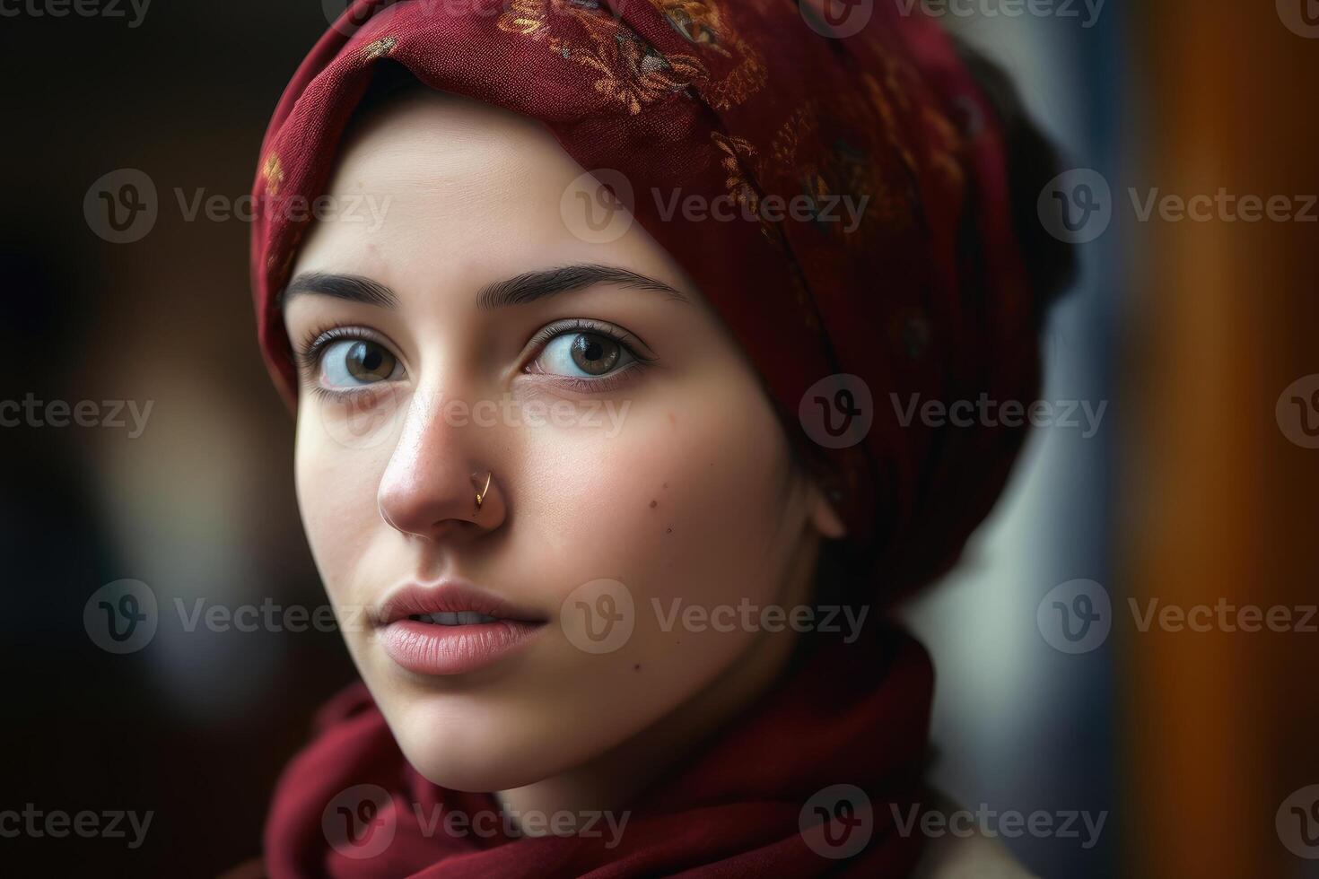 Close up view of a young woman with a headscarf created with technology. photo