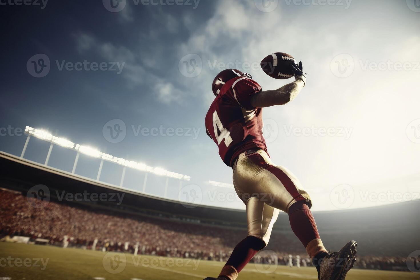 americano fútbol americano en vuelo siendo atrapado por un jugador creado con generativo ai tecnología. foto