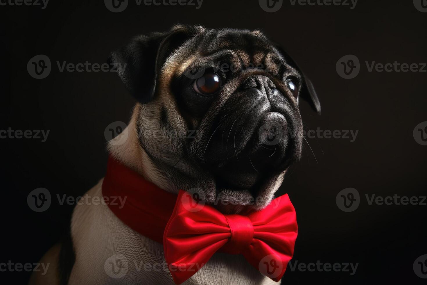 Portrait of a cute pug dog wearing a bowtie created with technology. photo