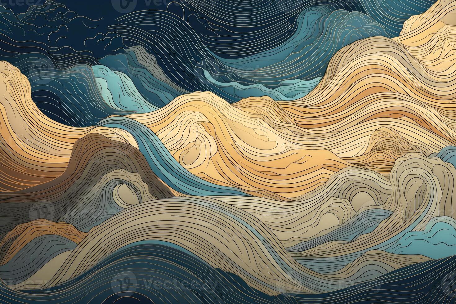 Water Waves of flowing colour from gold and blue tones in an asian paper style created with technology photo