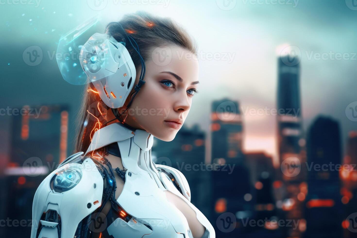 A beautiful female cyborg in front of a futuristic city created with technology. photo