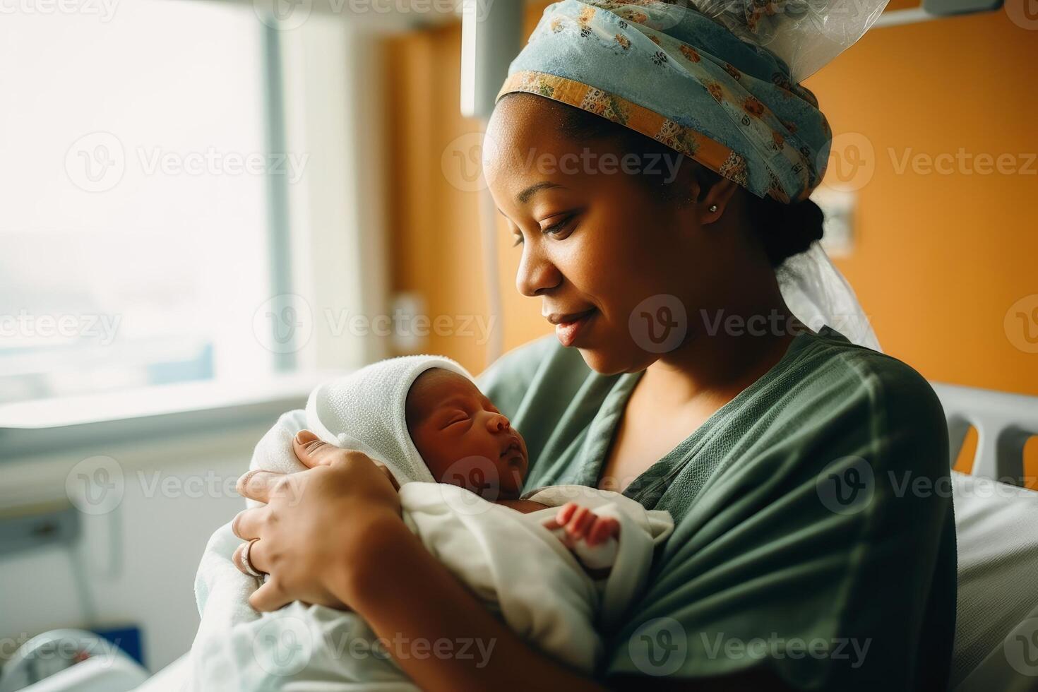 A mother holds her just born baby in her arms in a hospital bed created with technology. photo