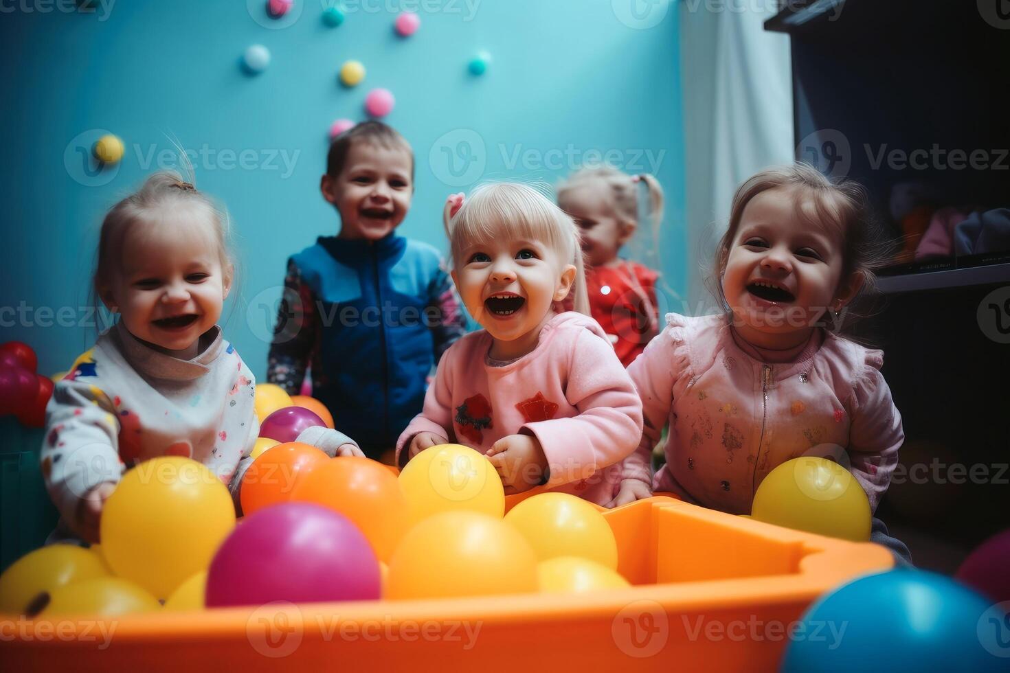 Happy playing kids in a Kindergarten created with technology. photo