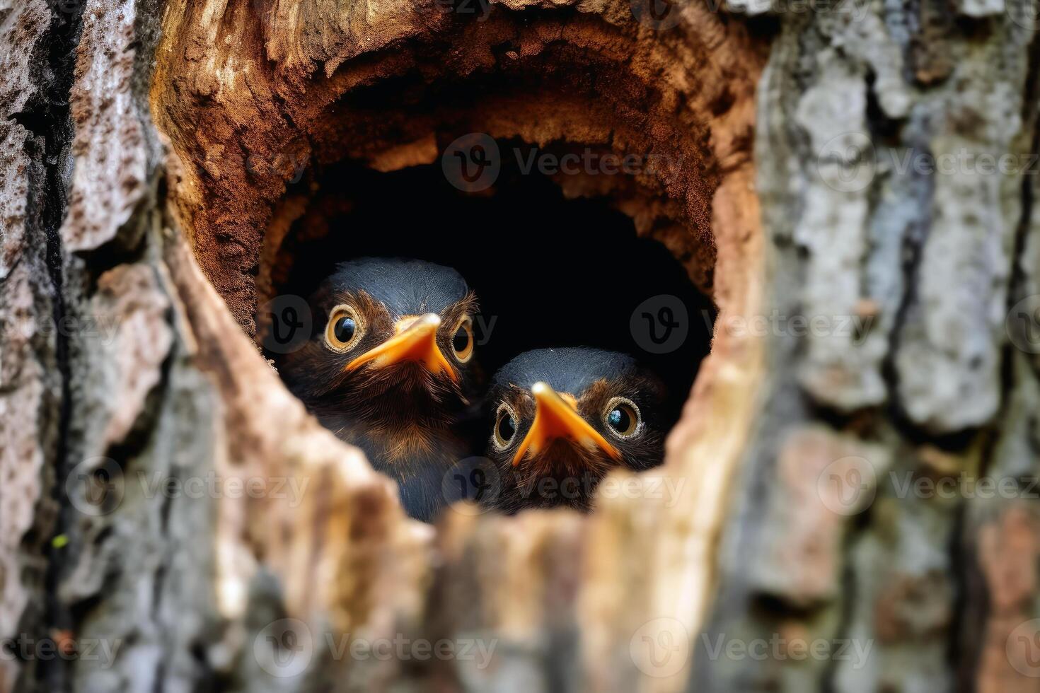 Bird peek a boo out of a tree created with technology. photo