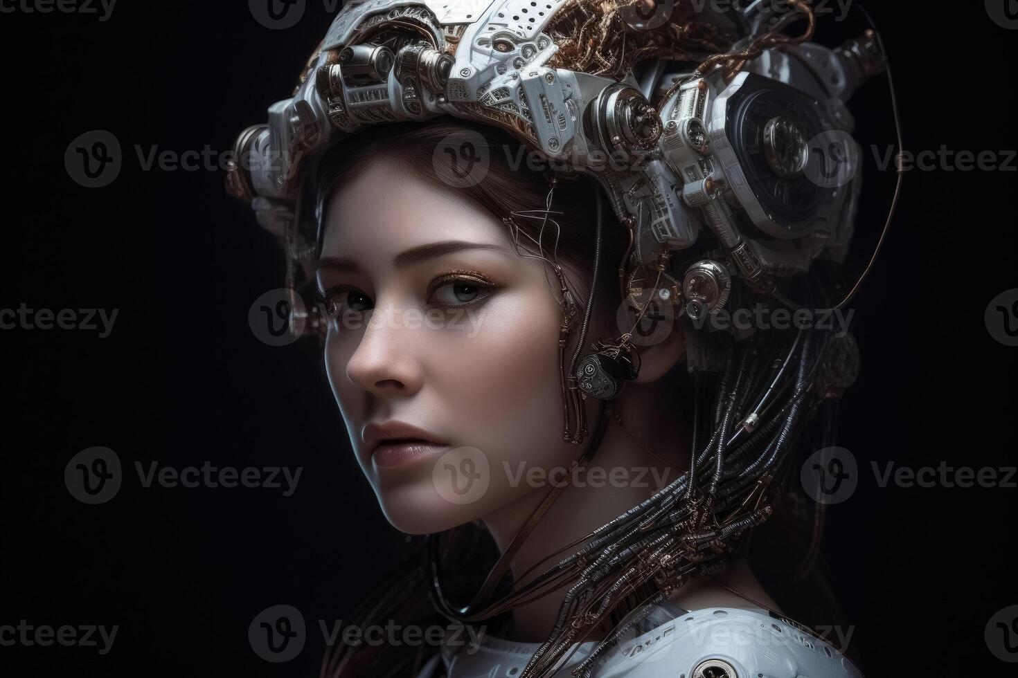 A female human cyborg portrait 1000 years in the future created with technology. photo