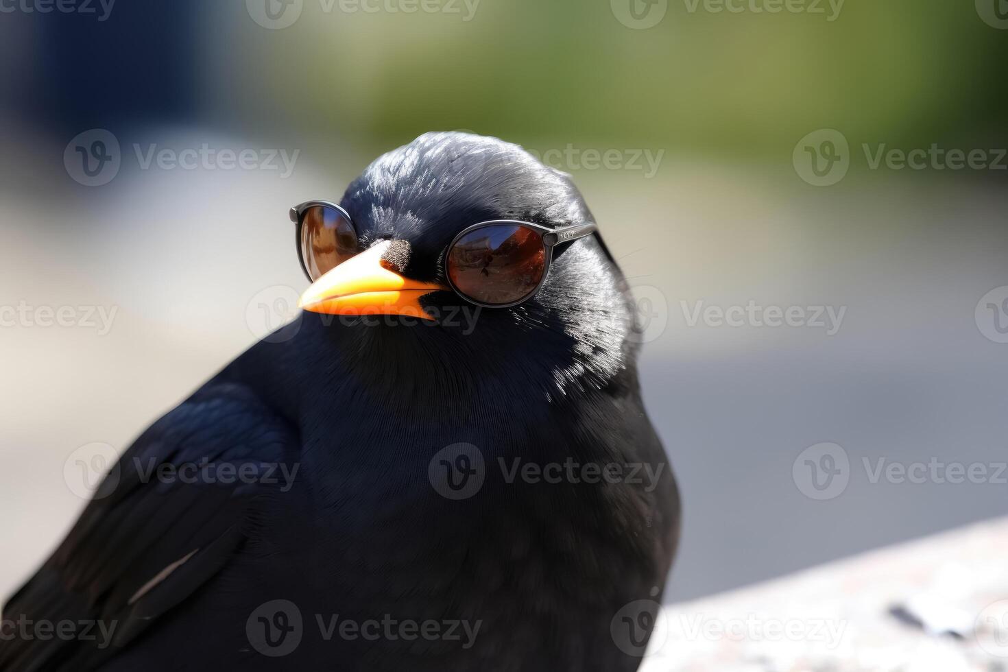 A blackbird wearing sunglasses created with technology. photo