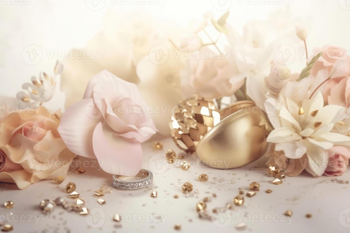 A beautiful wedding background with flowers and gold ornaments on a light background created with technology. photo