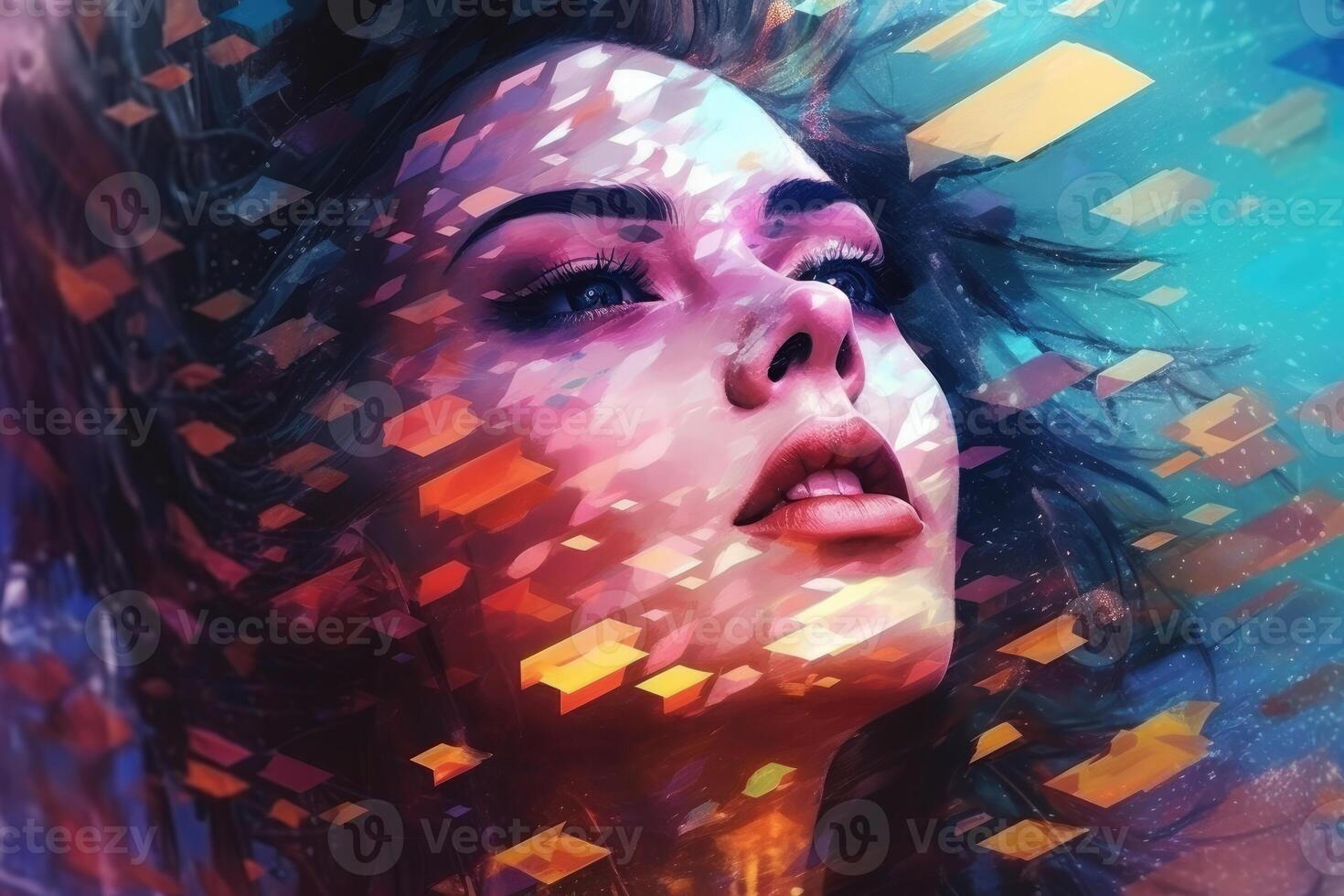 Close up of a beautiful cyberspace female face in a chaotic surreal style created with technology. photo