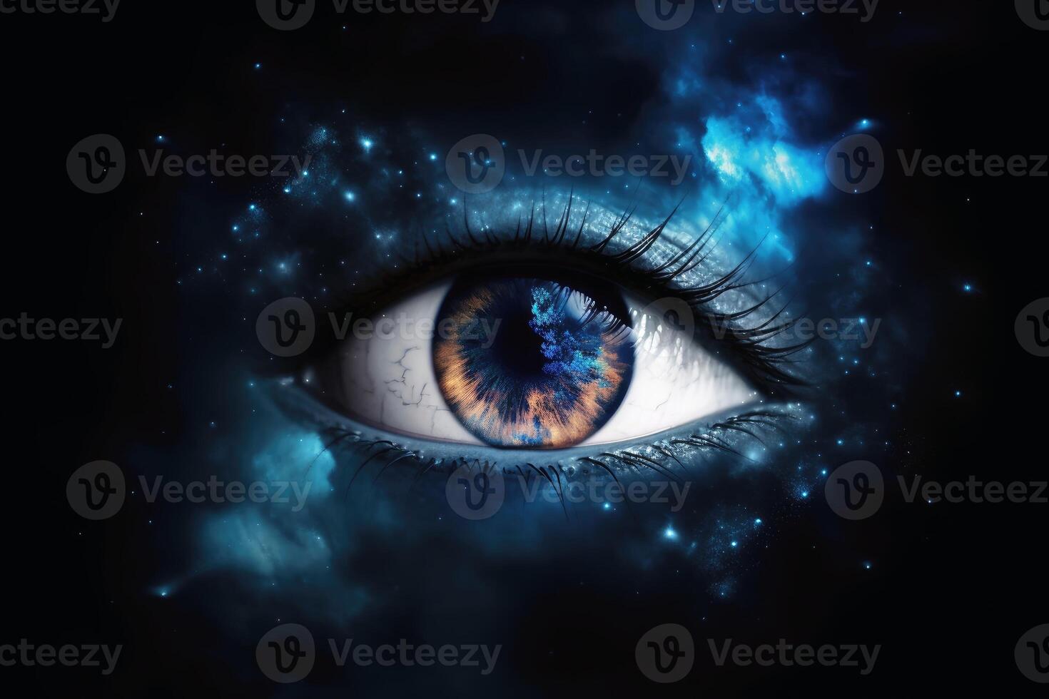An eye made of clouds with a universe background created with technology. photo