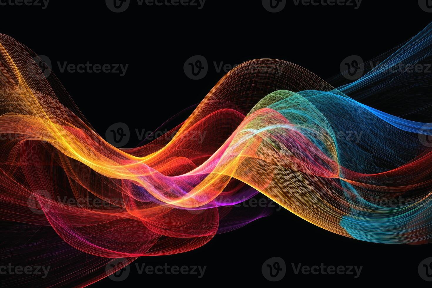 A curved background of fine luminous threads in bright colours created with technology. photo