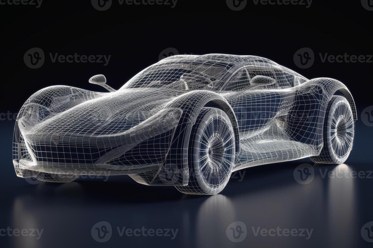 A sports car that transitions into a wireframe model created with technology. photo