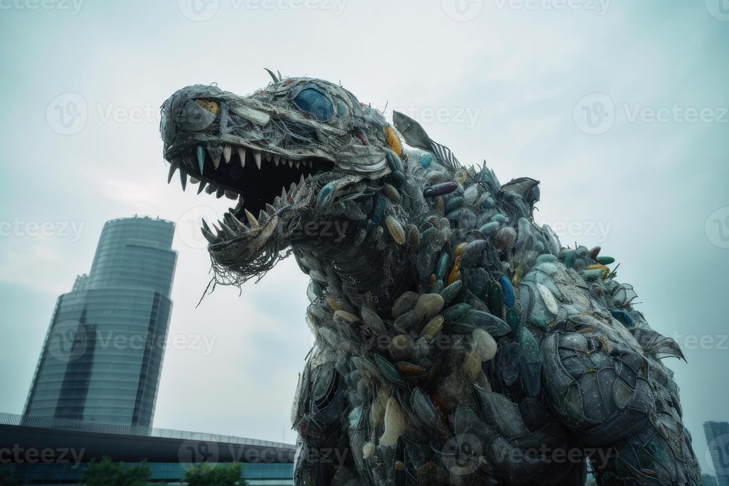 A huge monster made of plastic waste attacking a modern city created with technology. photo