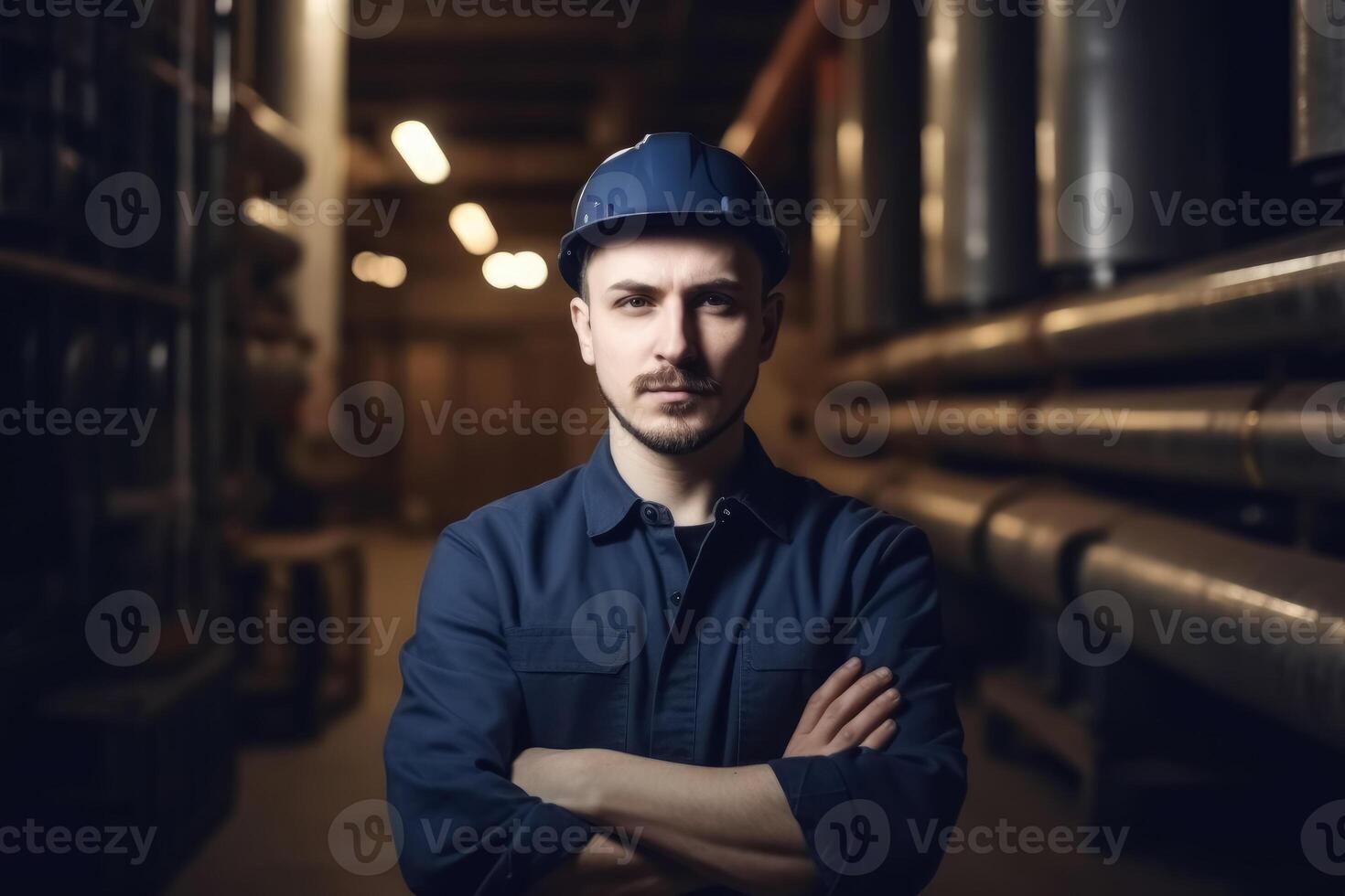 A confident male factory worker with arms crossed created with technology. photo
