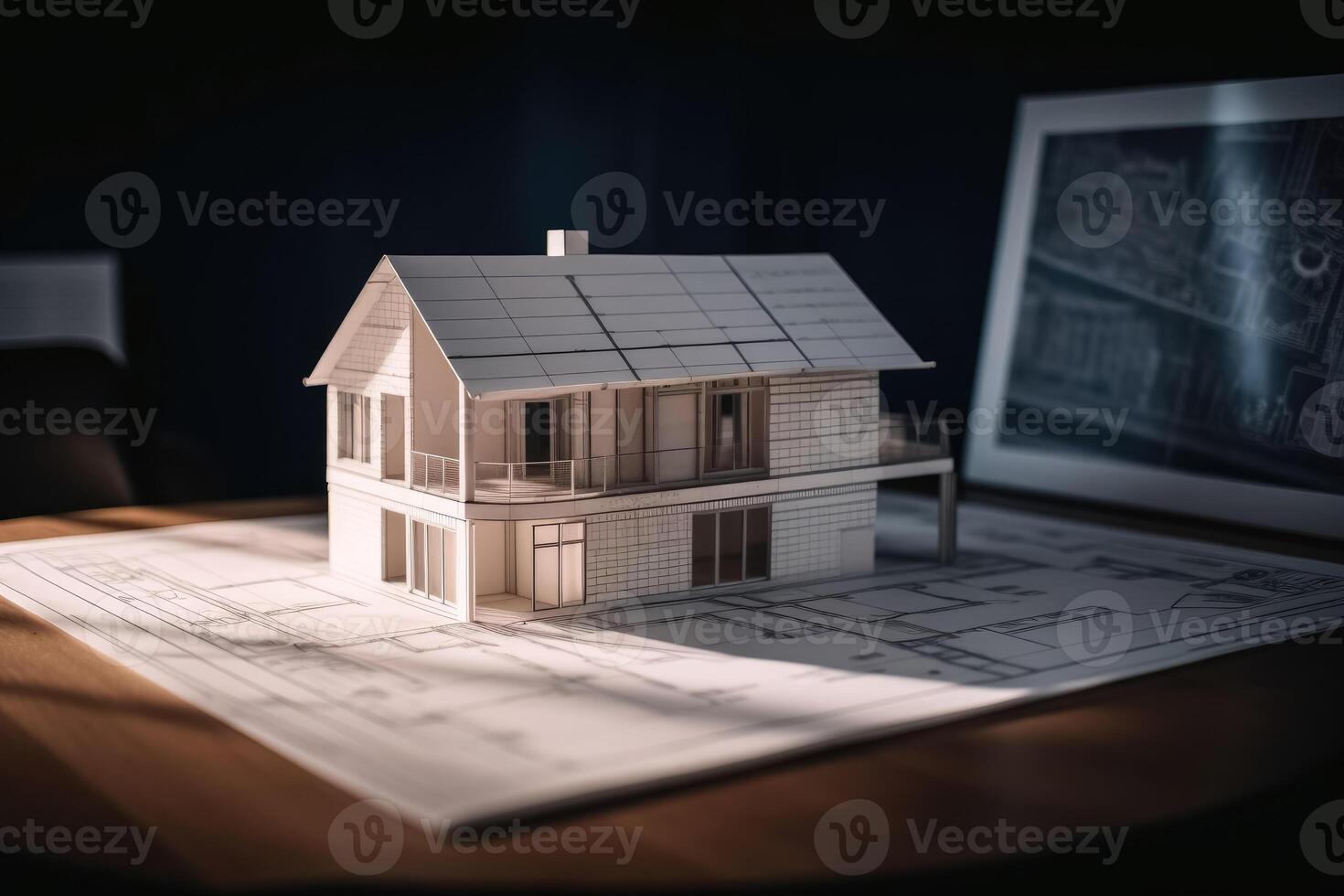 A blueprint of a residential house on a desk with a model of the house on the desk created with technology. photo