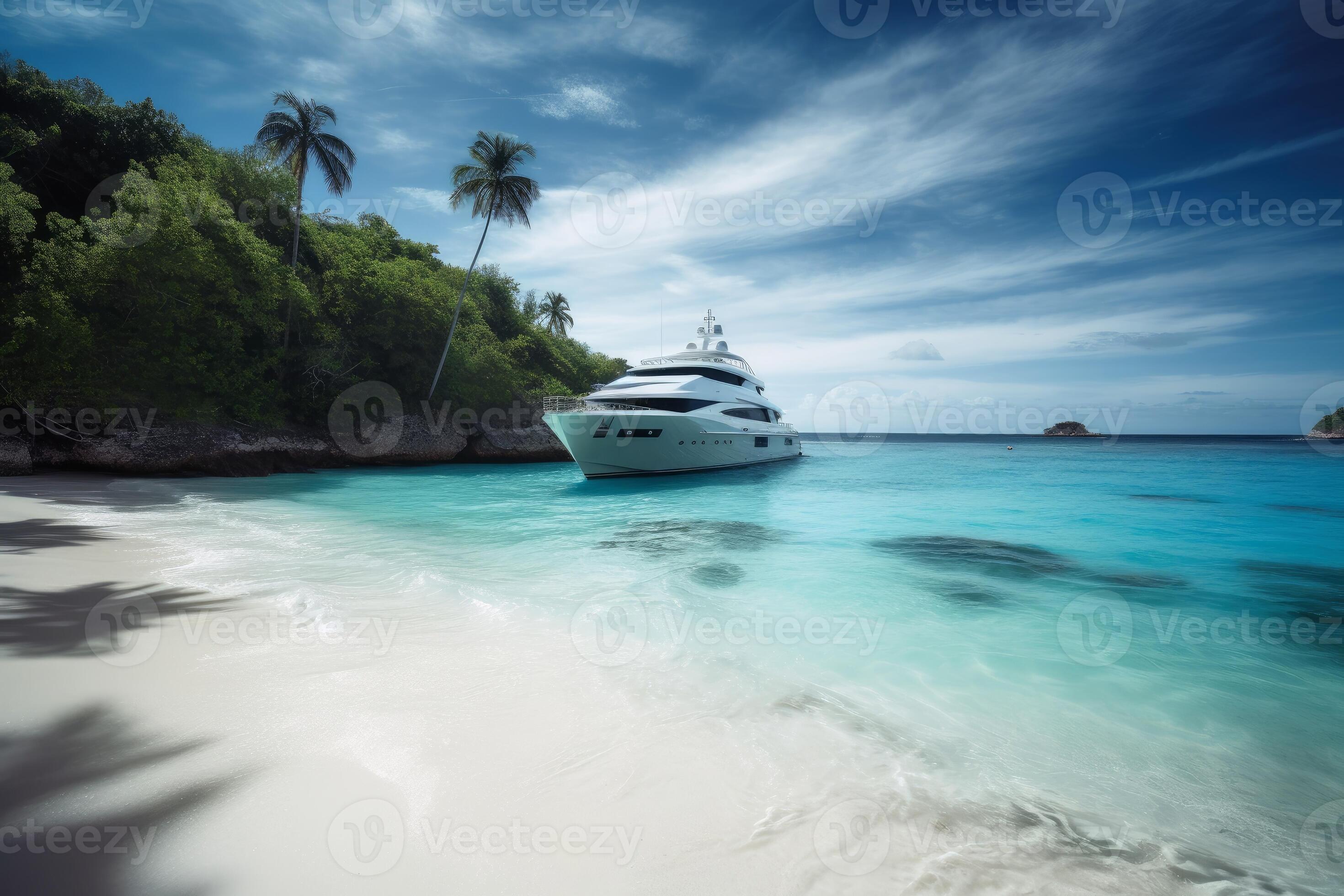 A luxury yacht in the deep water in front of a tropical beach created ...