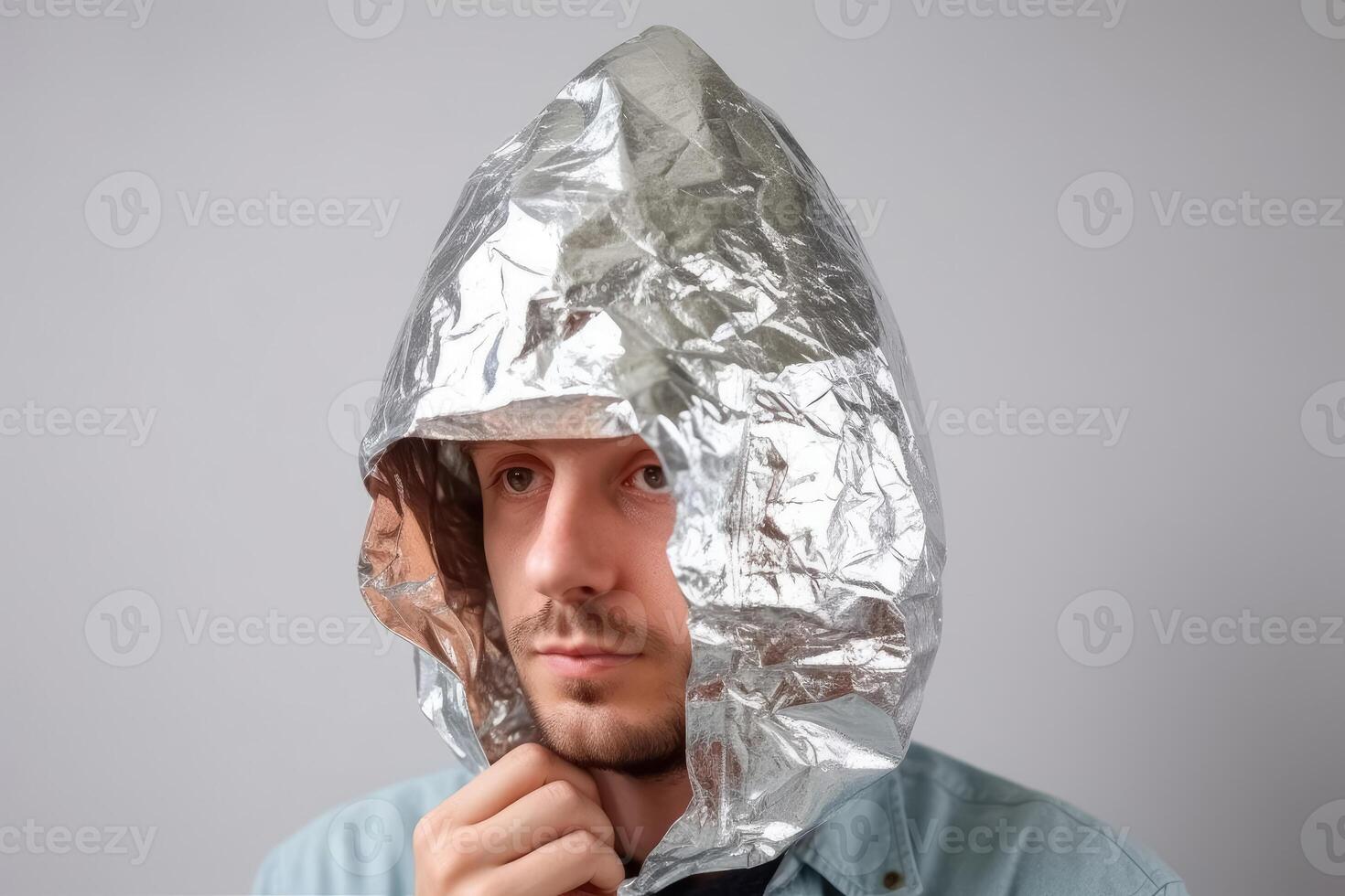 A person wears a small handmade hat made of aluminium foil on a light background to protect himself from radiation and conspiracy theory created with technology. photo