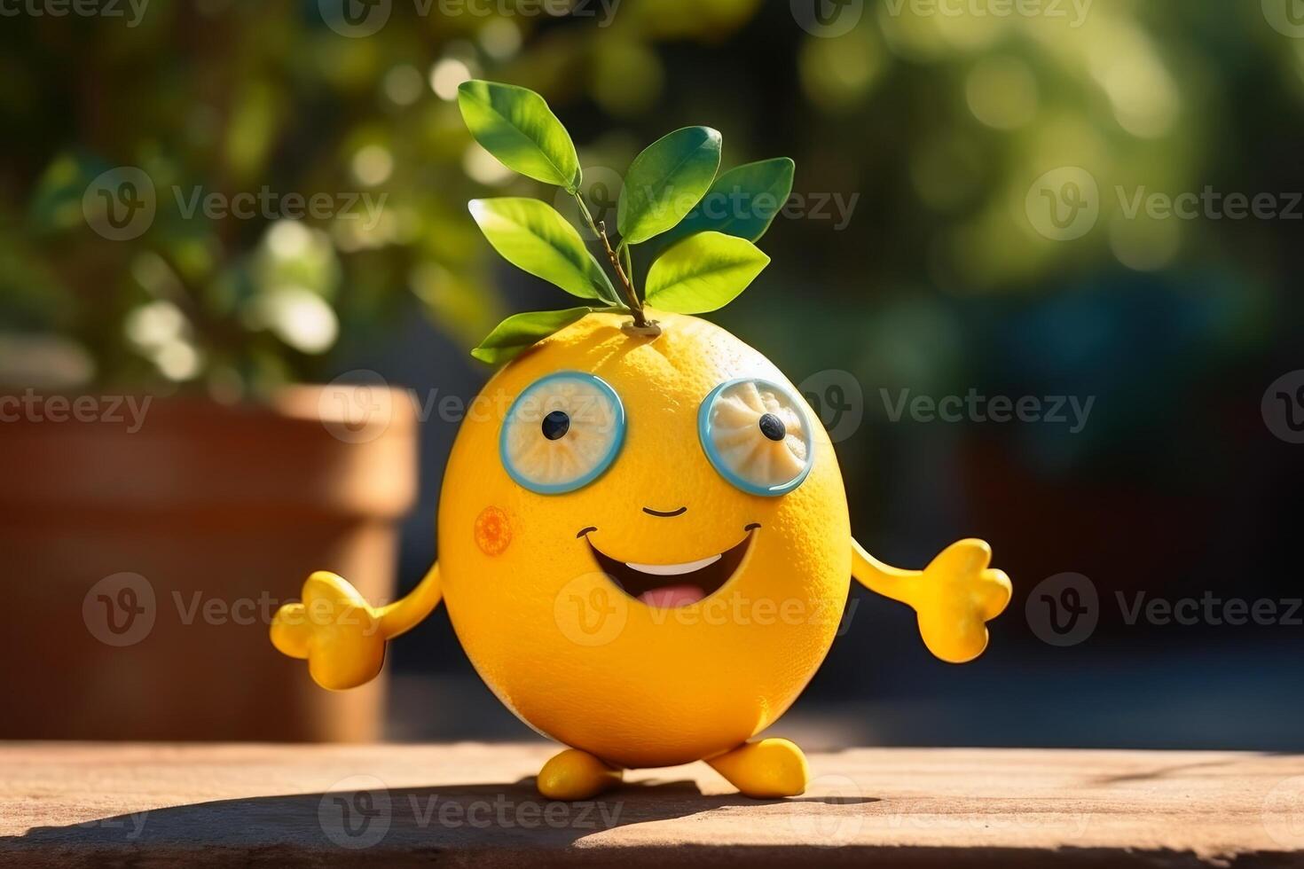 A happy lemon with eyes arms and legs standing in the sun created with technology. photo