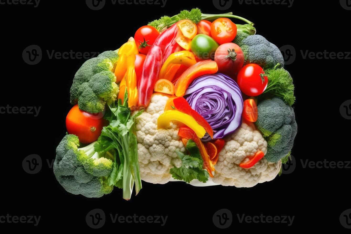 Side view of a human brain made of fresh vegetable on a white background created with technology. photo
