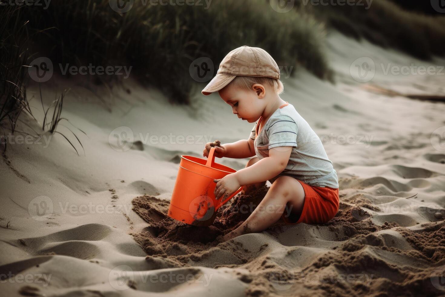 un pequeño niño obras de teatro en el playa con un pala y Cubeta en el arena creado con generativo ai tecnología. foto