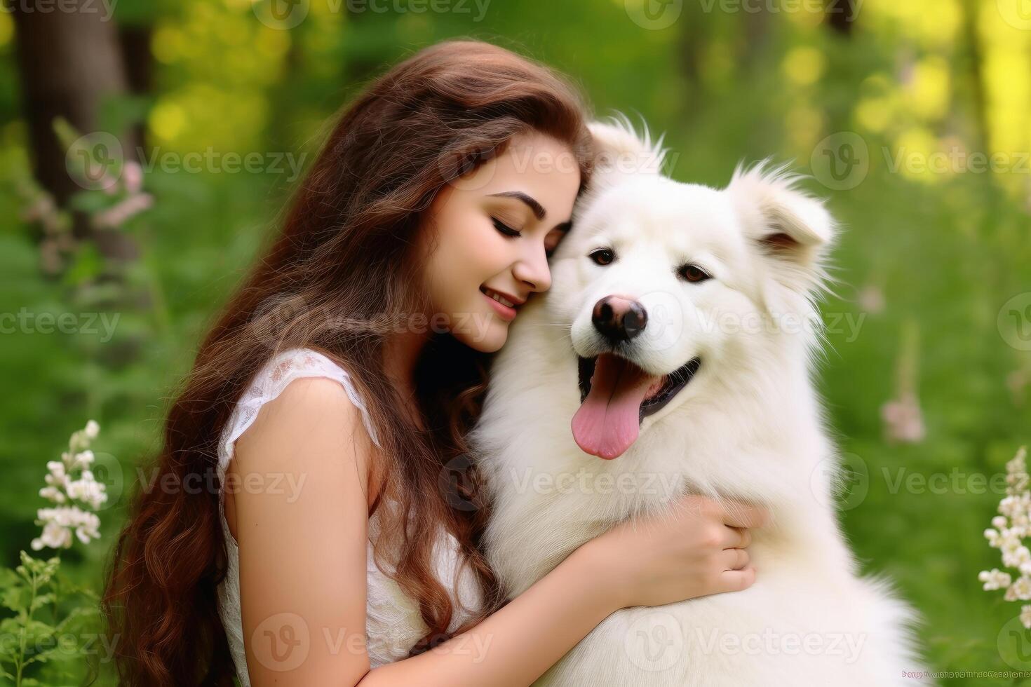 A Woman kissing her beloved dog created with technology. photo