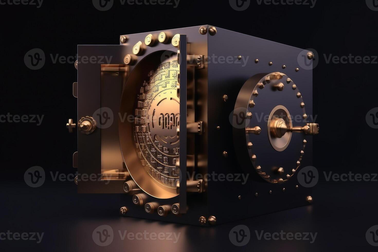 Gold Safe deposit with crypto currency logo and copy space created with technology. photo