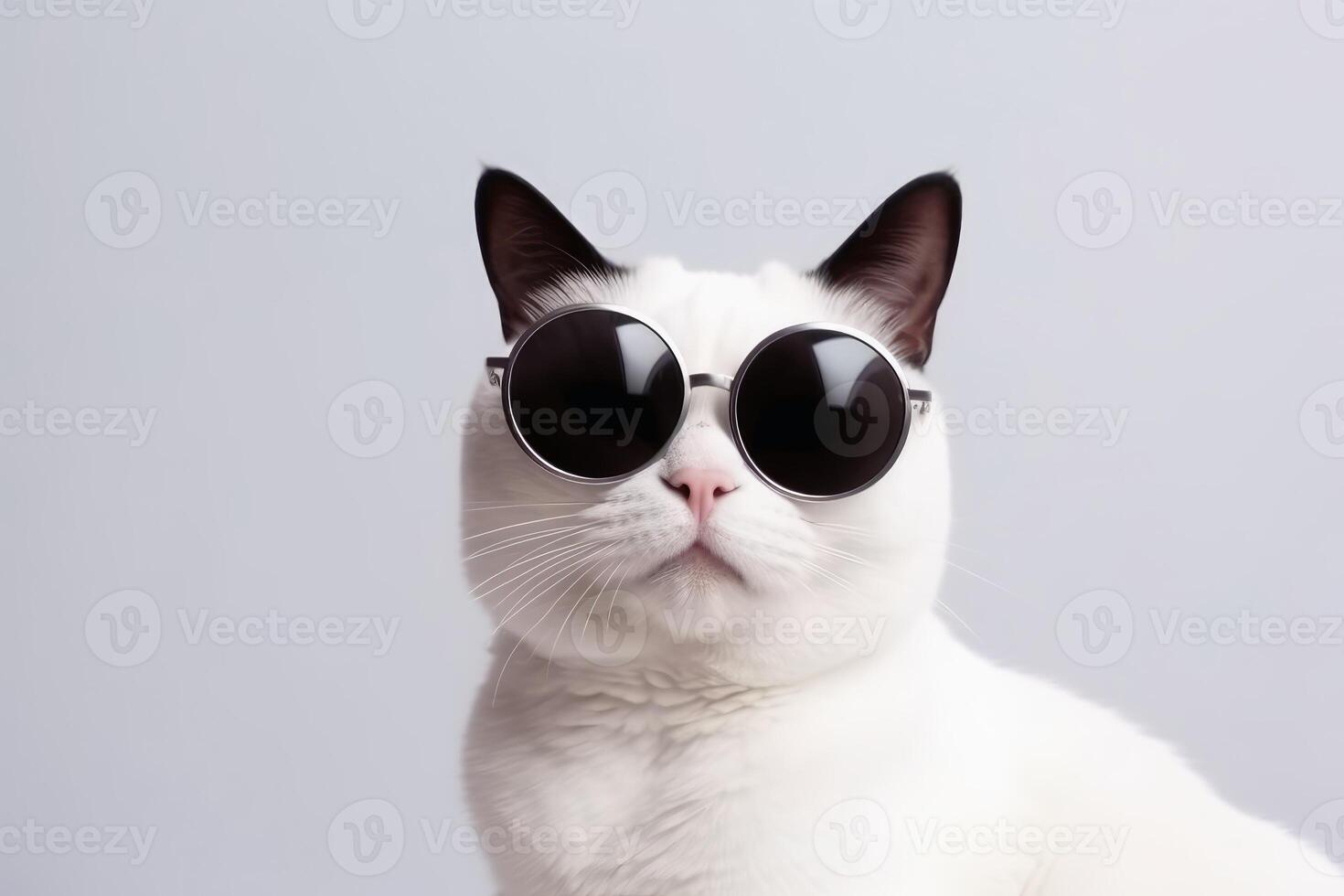 A cool white cat wearing black sunglasses on a white background created with technology. photo