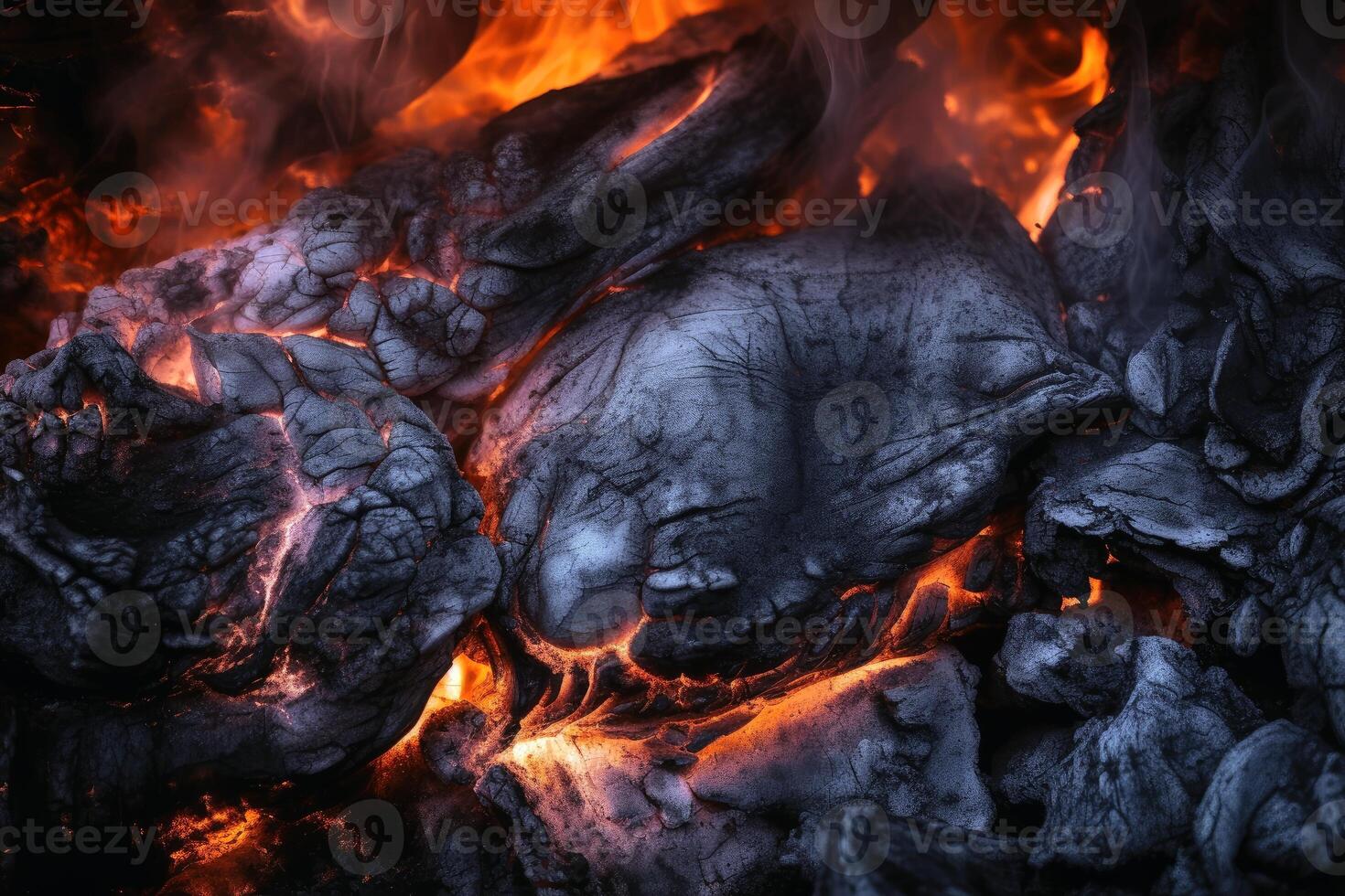 Glowing ember from burning coal background texture created with technology. photo