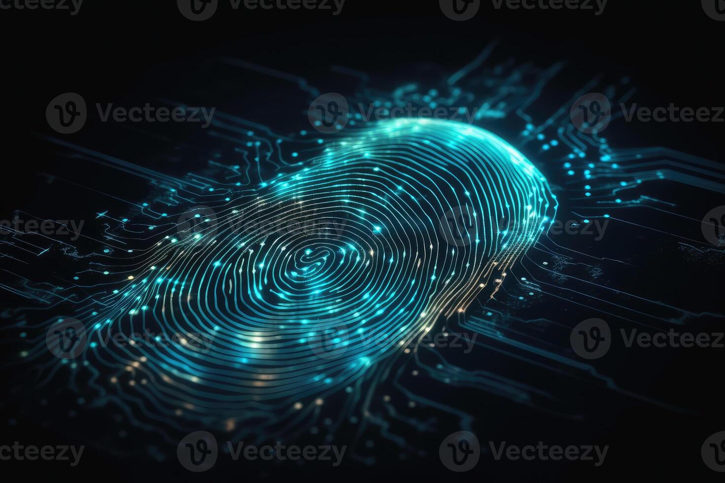 Detailed fingerprint made of glowing light on a dark technical background created with technology. photo