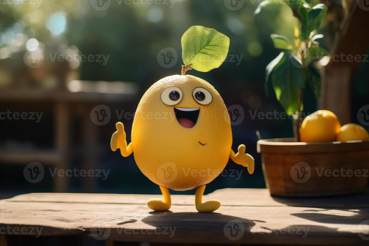 A happy lemon with eyes arms and legs standing in the sun created with technology. photo