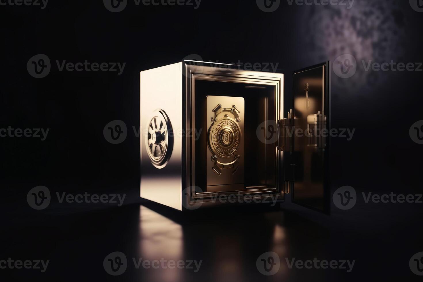 Gold Safe deposit with crypto currency logo and copy space created with technology. photo