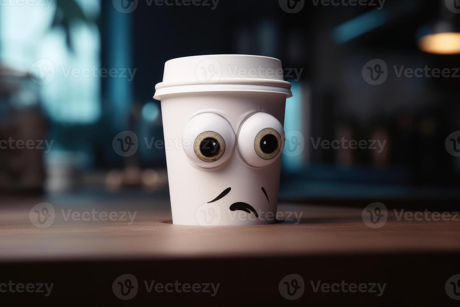 A tired coffee cup with eyes on a kitchen table created with technology. photo