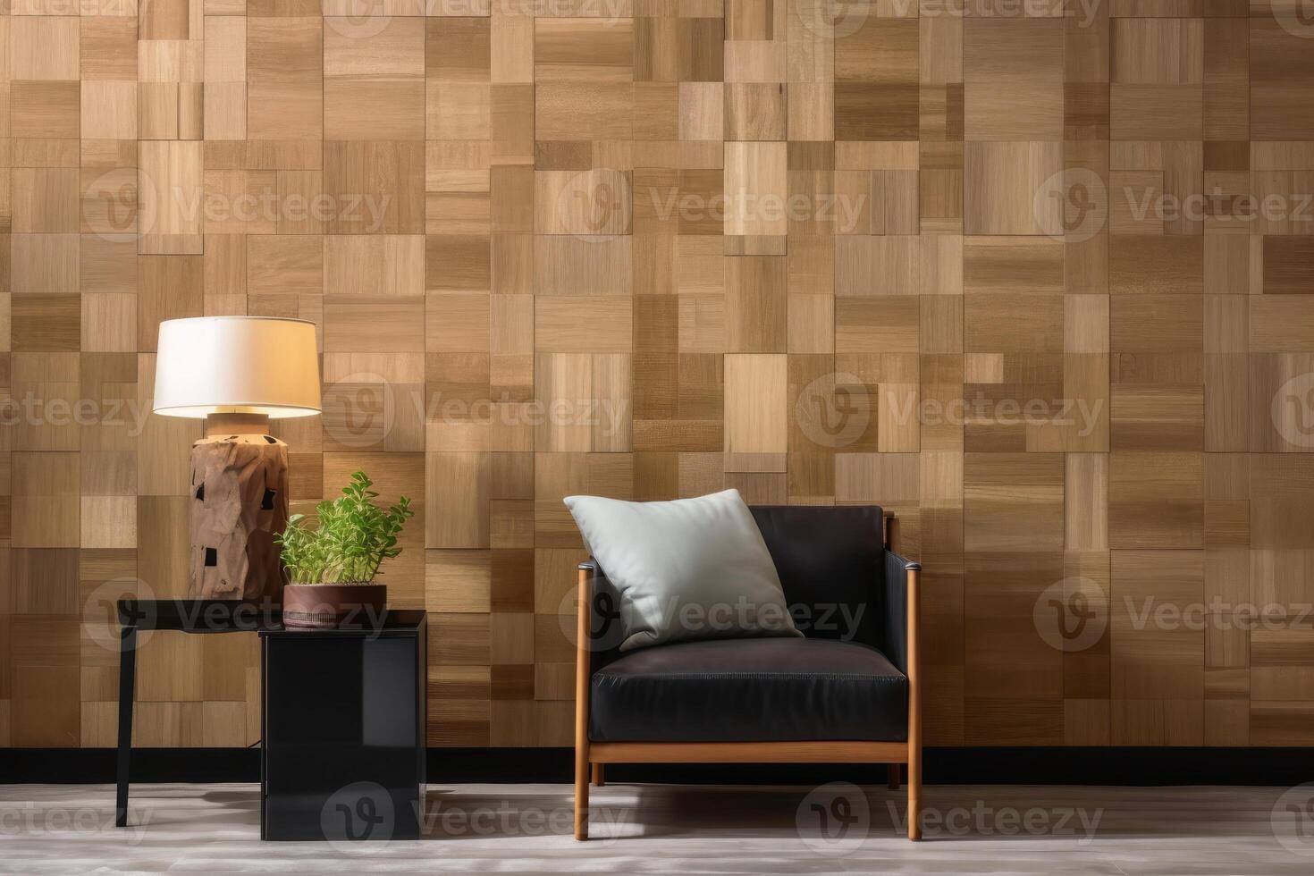 A room with block shaped wooden panels on the wall created with technology. photo