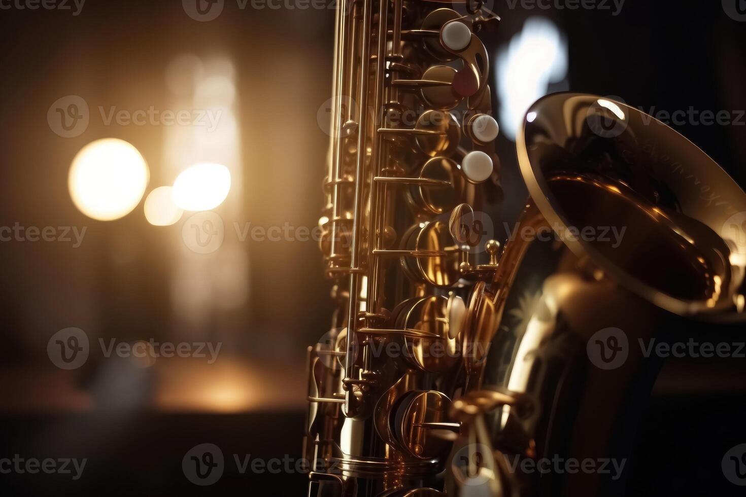 Close-up of a saxophone with reflections and a soft bokeh of light in the background created with technology. photo