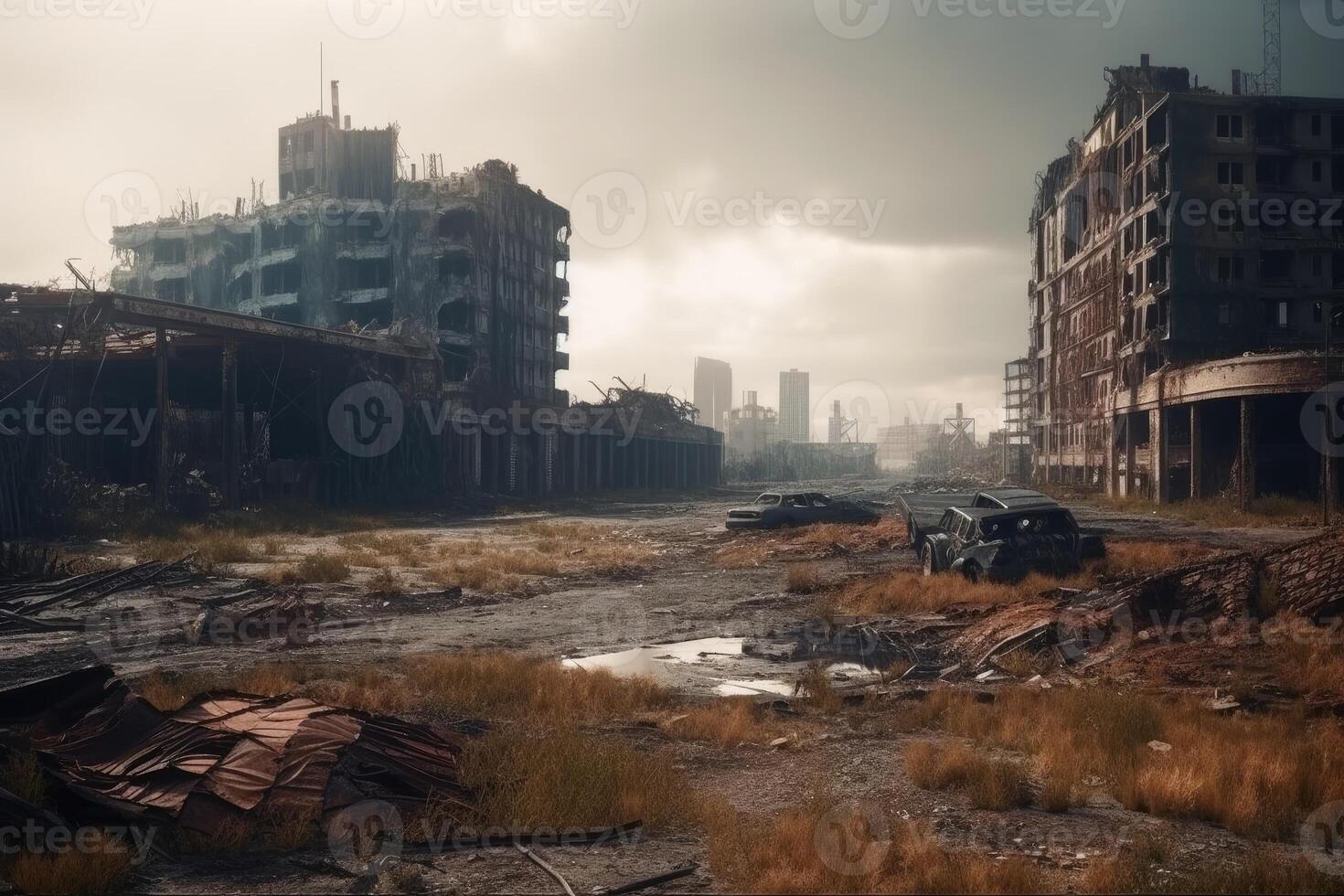 Post apocalyptic and destroyed buildings in a big city created with technology. photo