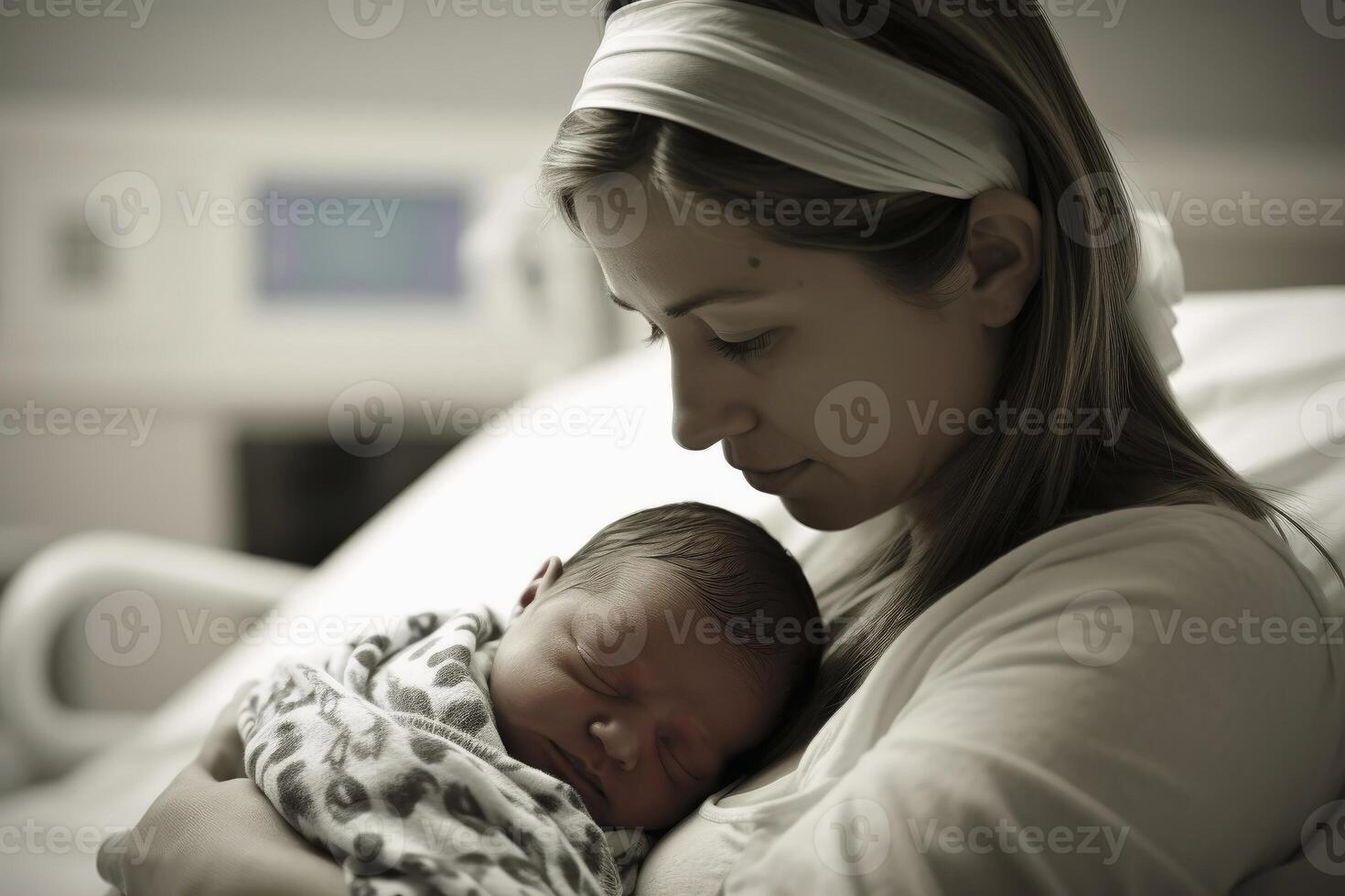 A mother holds her just born baby in her arms in a hospital bed created with technology. photo