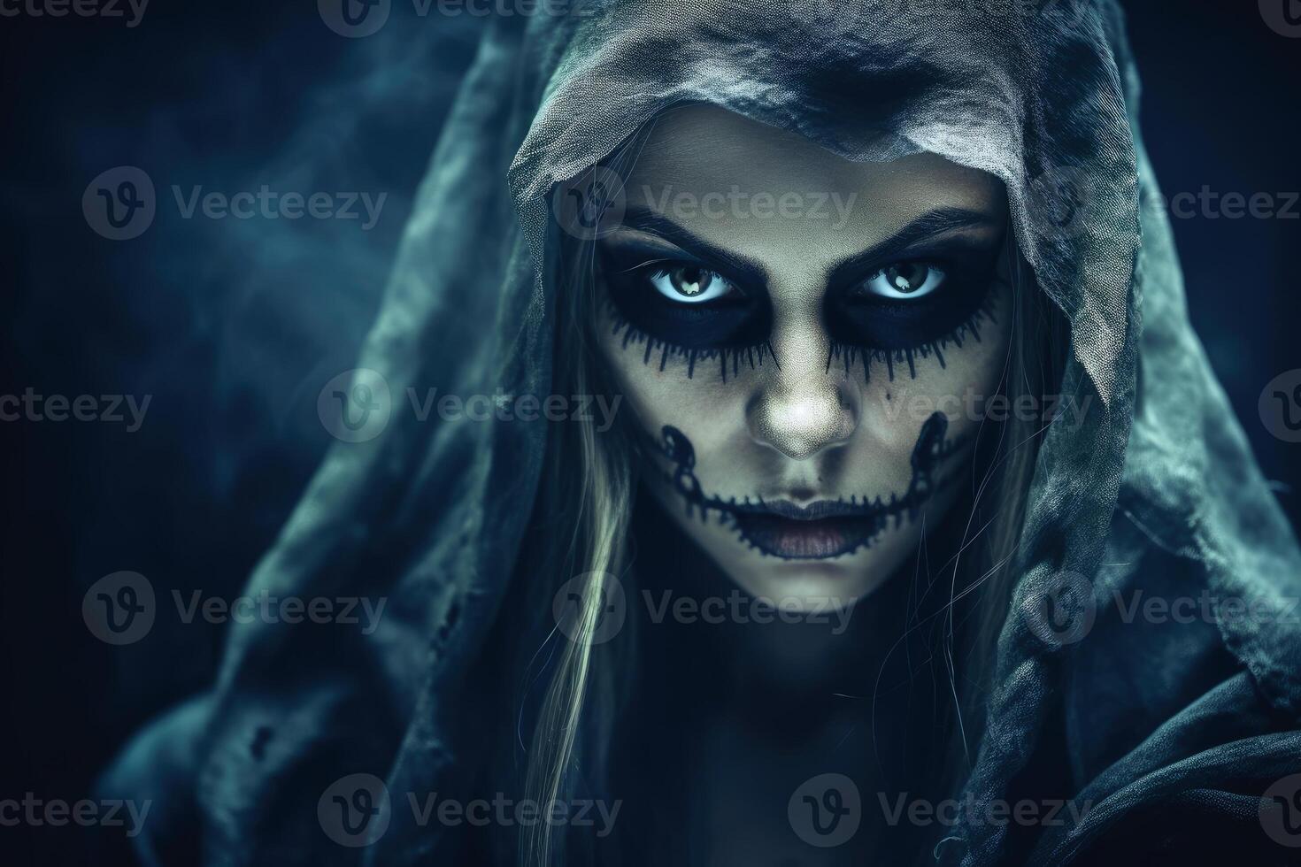 A creepy woman with a dark spooky make up created with technology. photo