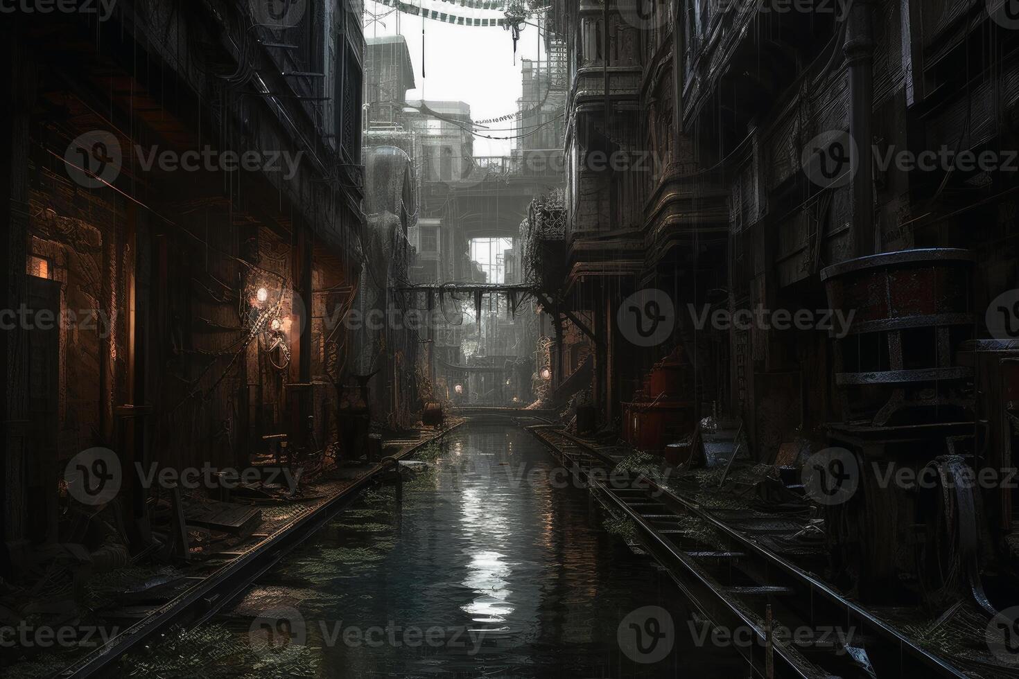 A dystopic city without people in an apocalyptic look created with technology. photo