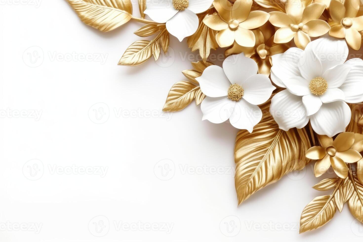 Golden flowers border on a white background created with technology