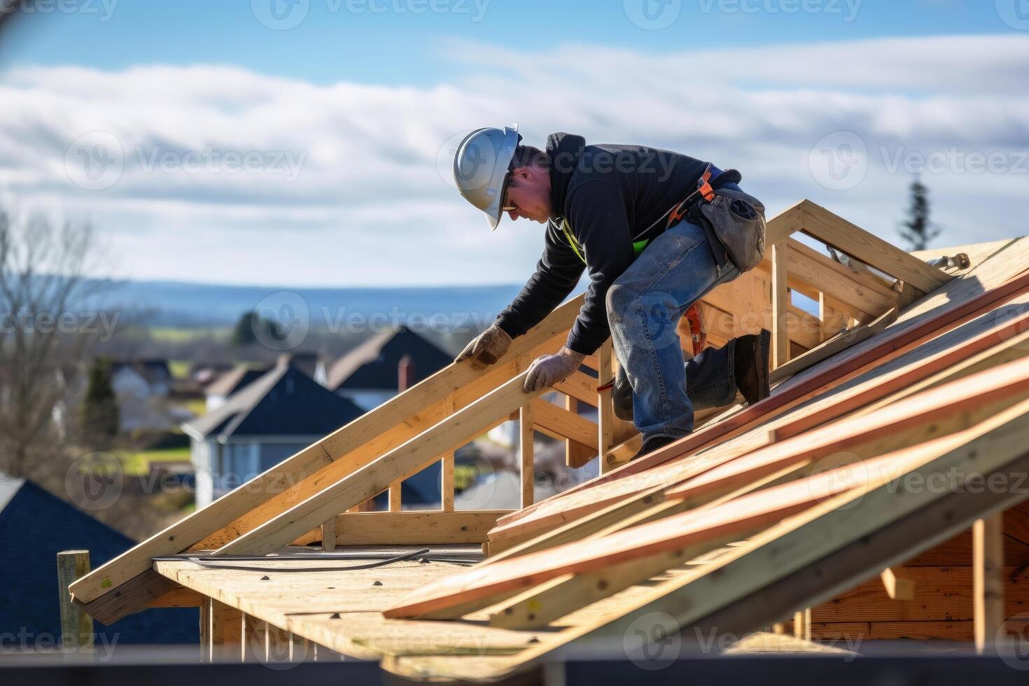 trabajador de techado con uniforme protector y guantes, herramientas para  techos, instalación de techos nuevos en construcción, taladro eléctrico  usado en techos nuevos con láminas de metal. 15632738 Foto de stock en