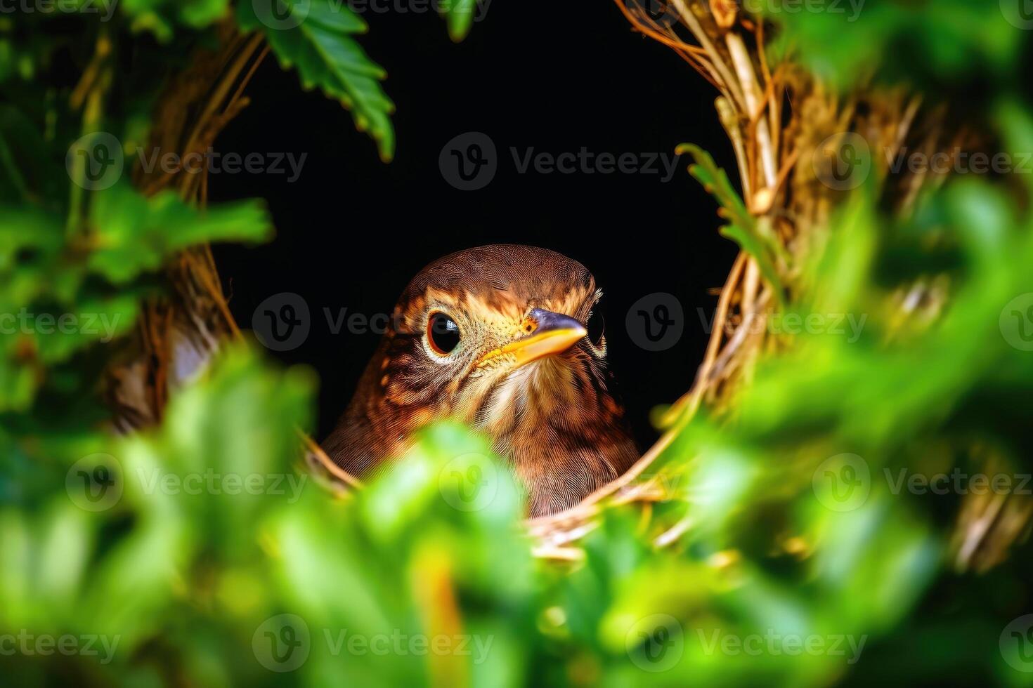 Bird peek a boo out of a tree created with technology. photo