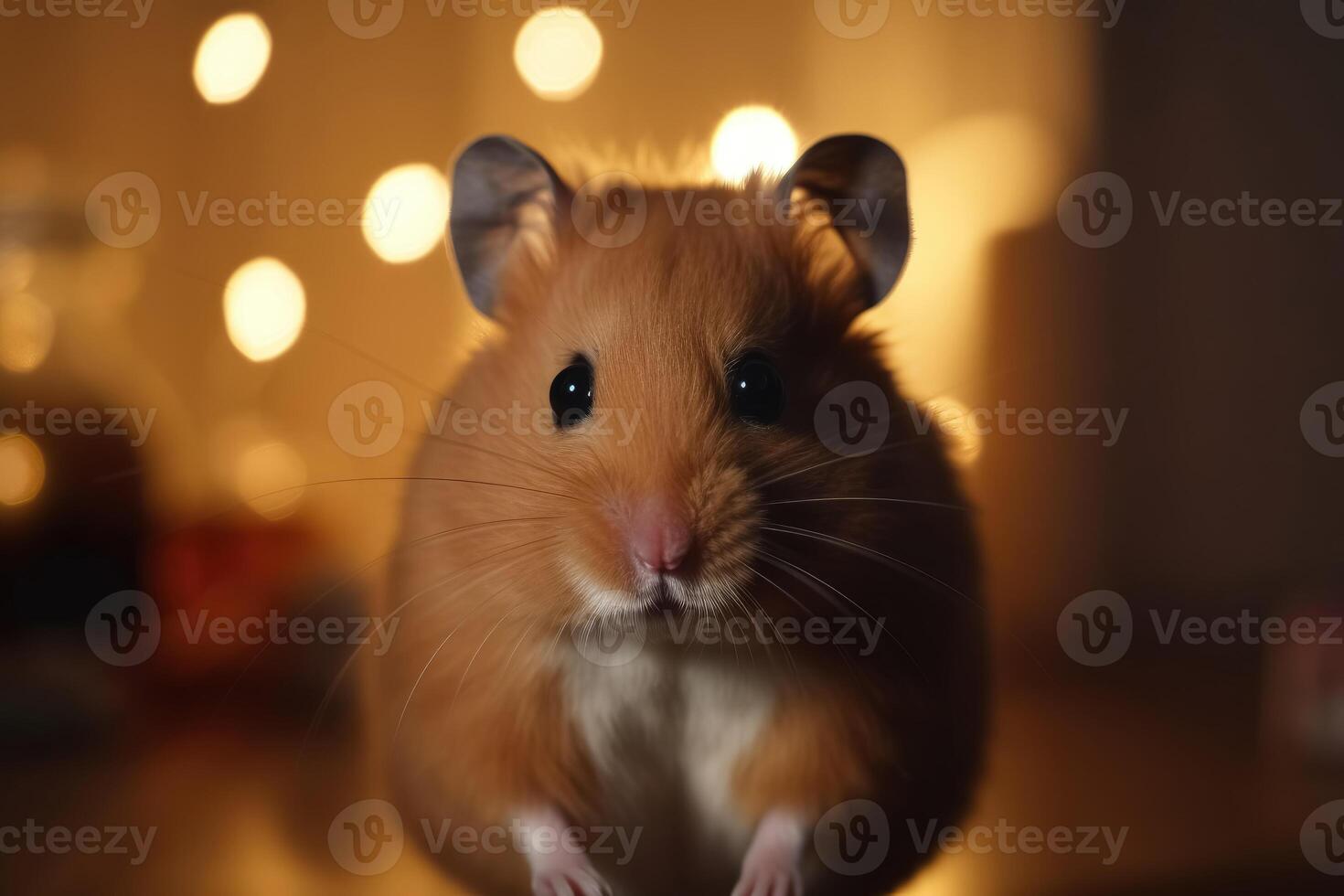 A cute hamster stands upright and looks excitedly into the camera created with technology. photo