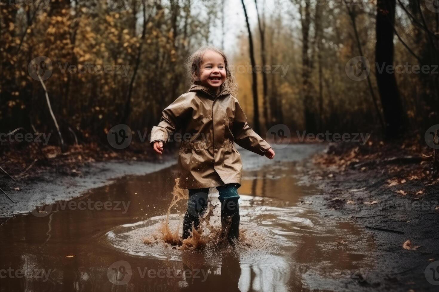 Happy little girl jumps in a puddle with rubber boots created with technology. photo