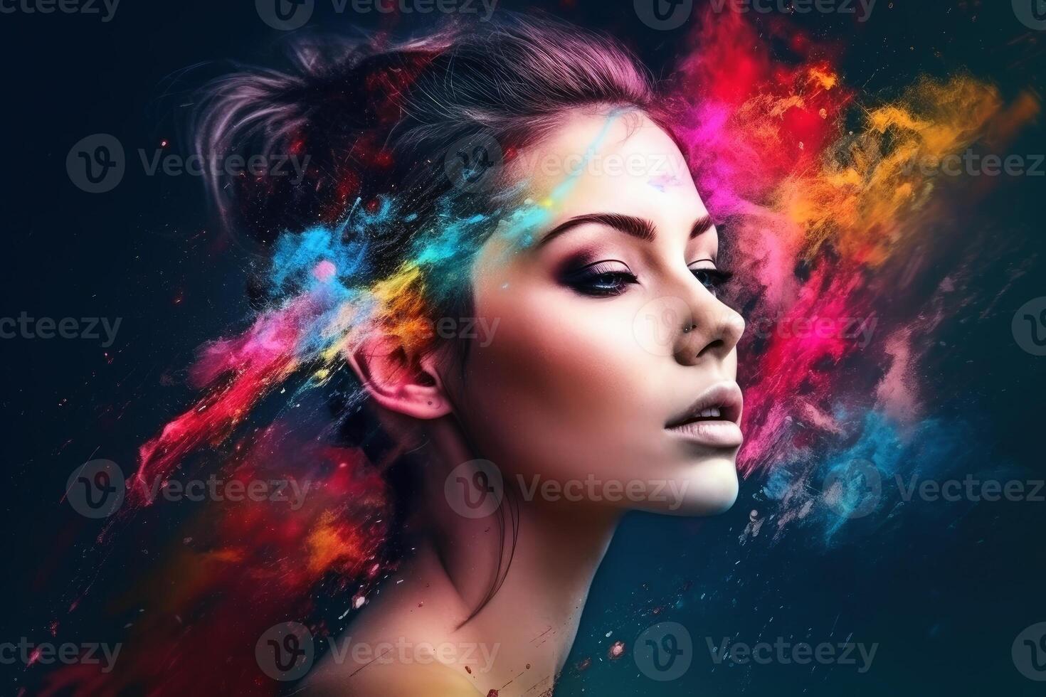 Portrait of a beautiful woman with colorful splashes created with technology. photo