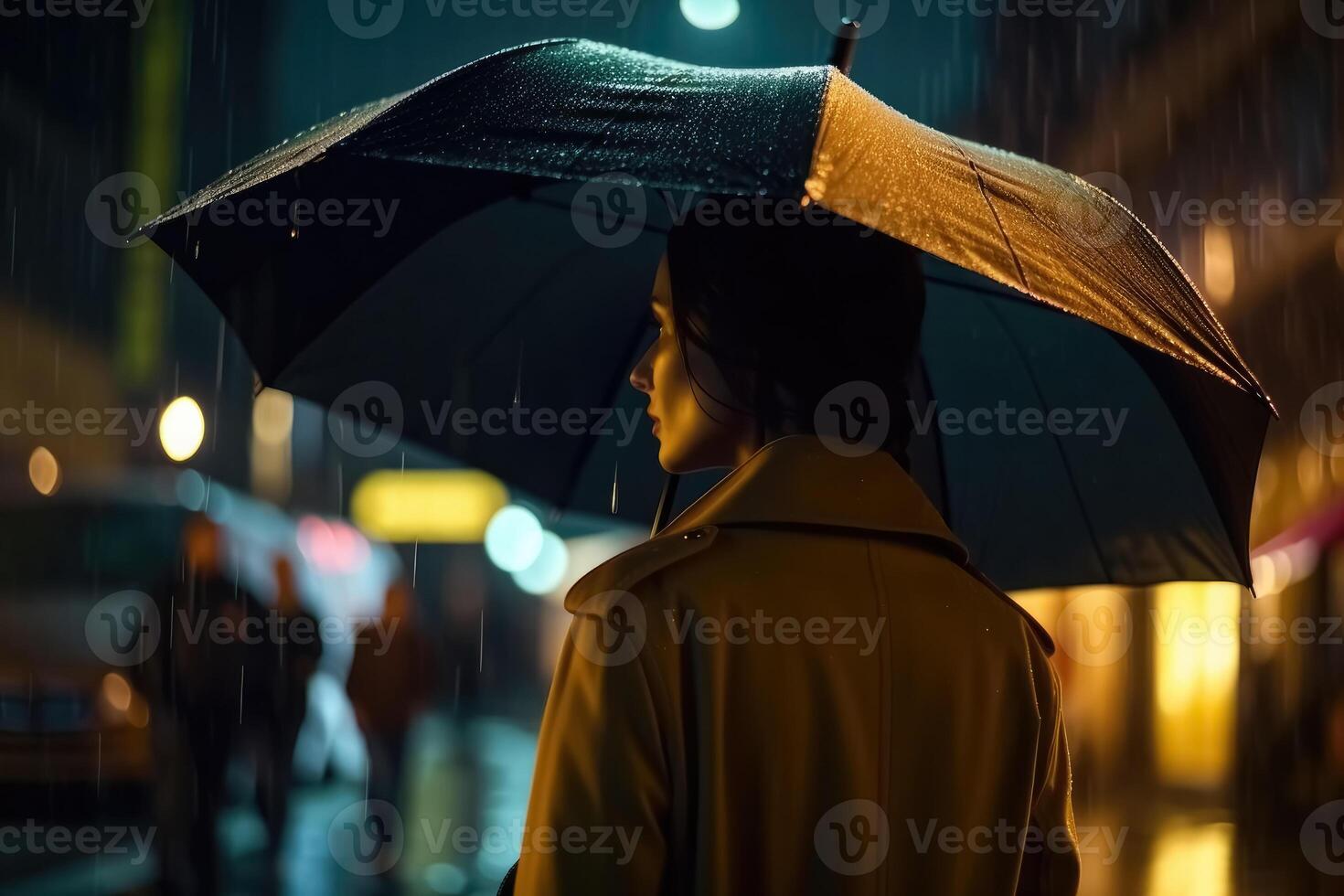A young woman with an umbrella seen from behind walks in a modern city at night and heavy rain created with technology. photo
