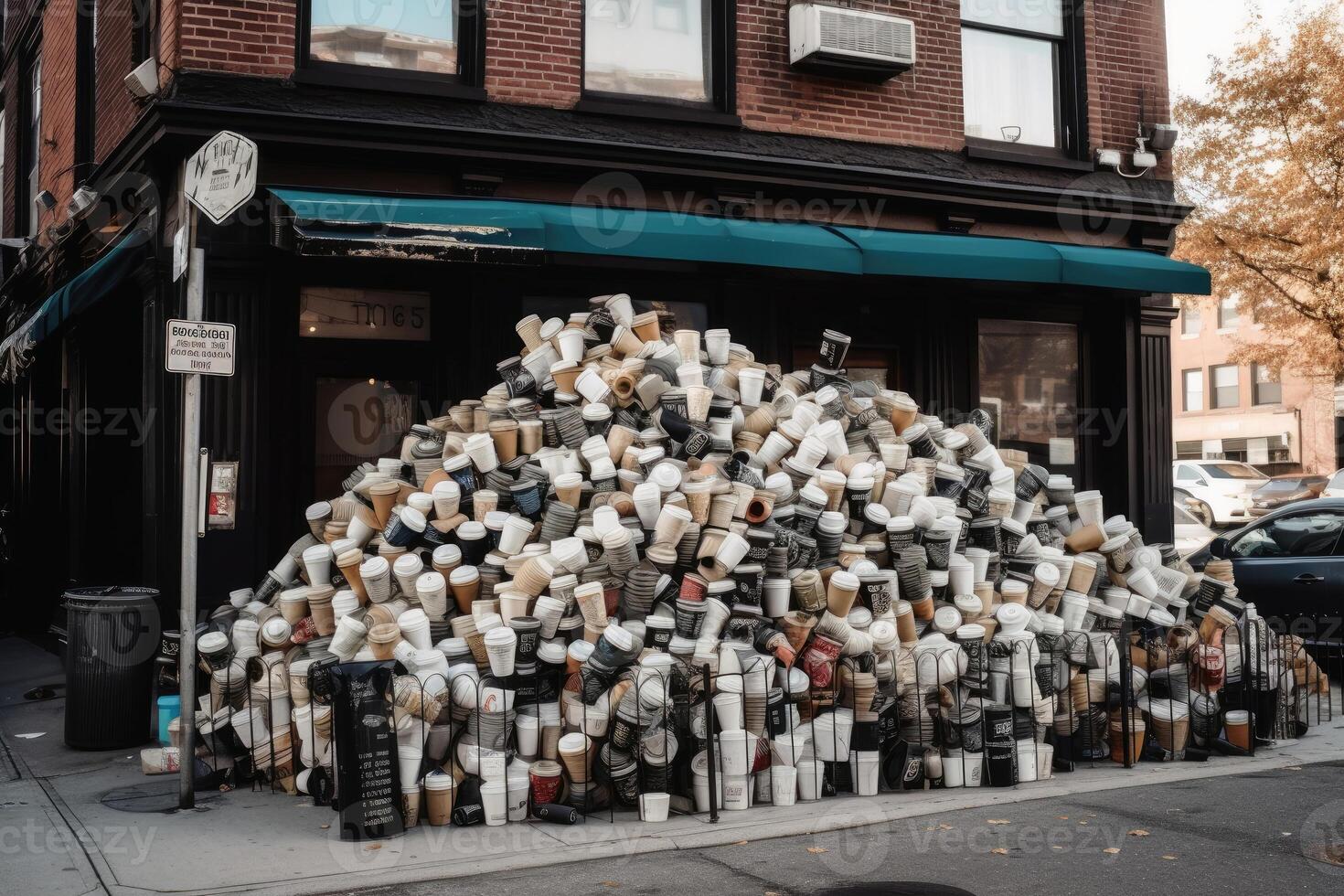 A huge pile of disposable coffee cups in front of a cafe created with technology. photo