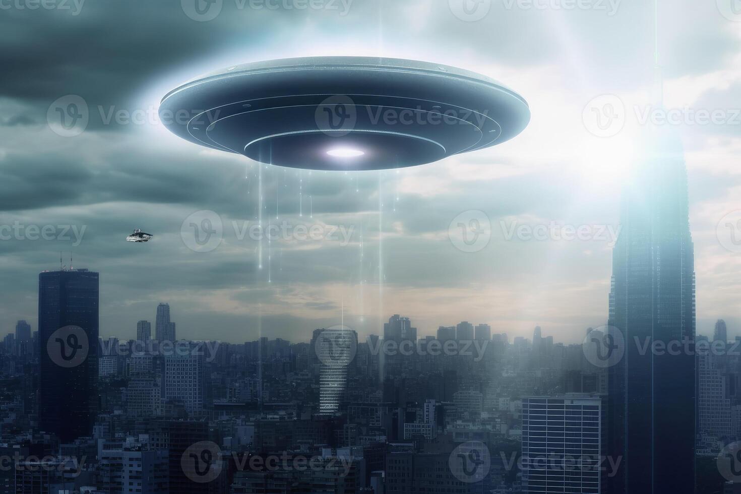 A big UFO above a modern city in the sky created with technology. photo