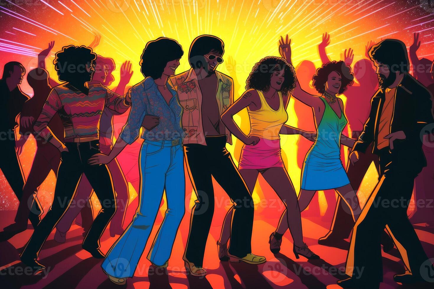 People dancing in an 80s disco created with technology. photo