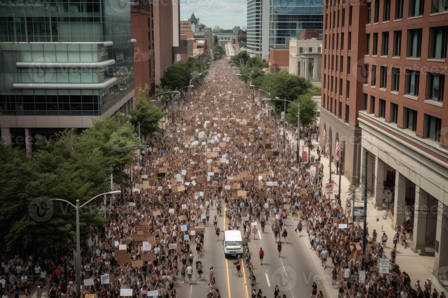 A lot of people demonstrating on a street created with technology. photo