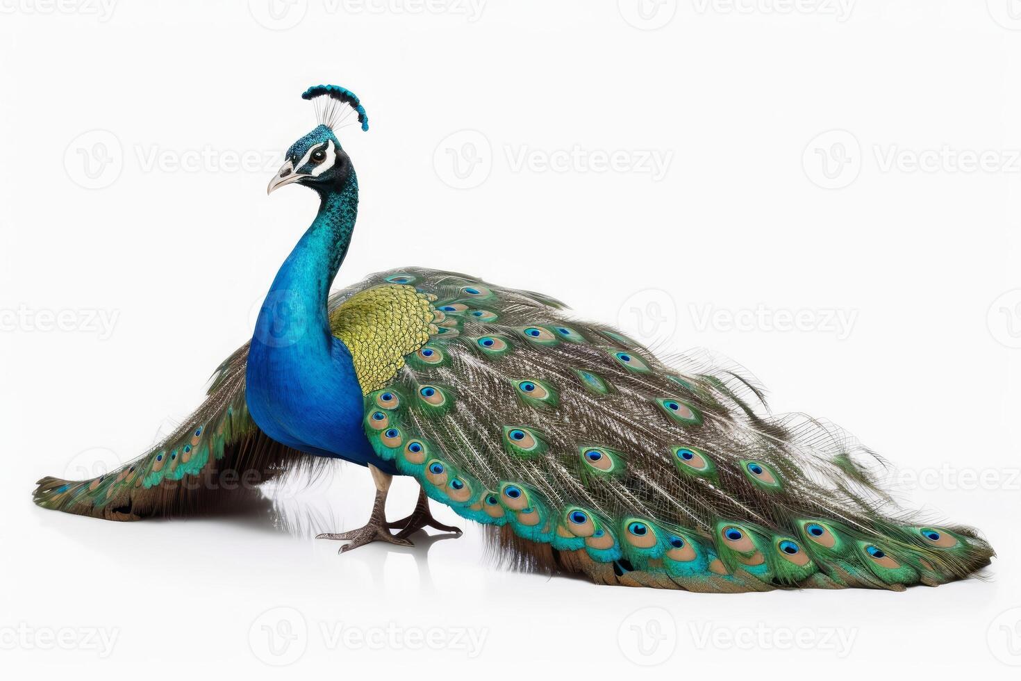 A beautiful peacock on a white background created with technology. photo