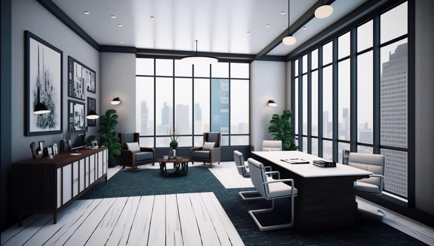 Contemporary spacious office room interior with city view and daylight workplace with carpet floor office furniture meeting room living area reception hall white photo